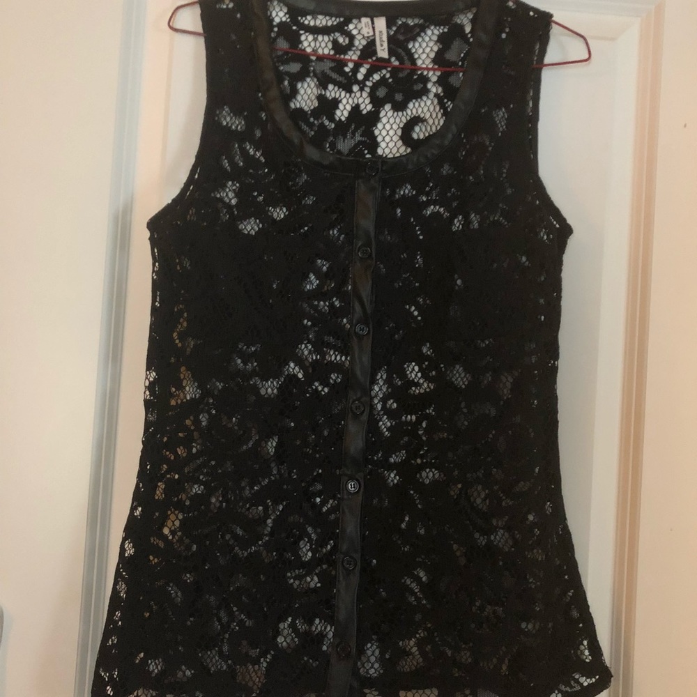 Studio Y lace faux leather neckline button tank
